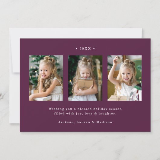 Elegant Peace on Earth Script Paarse 4 Foto Feestdagenkaart (Achterkant)