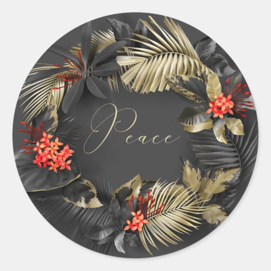 Elegant Peace Red en Gold Tropical Foliage Ronde Sticker (Voorkant)