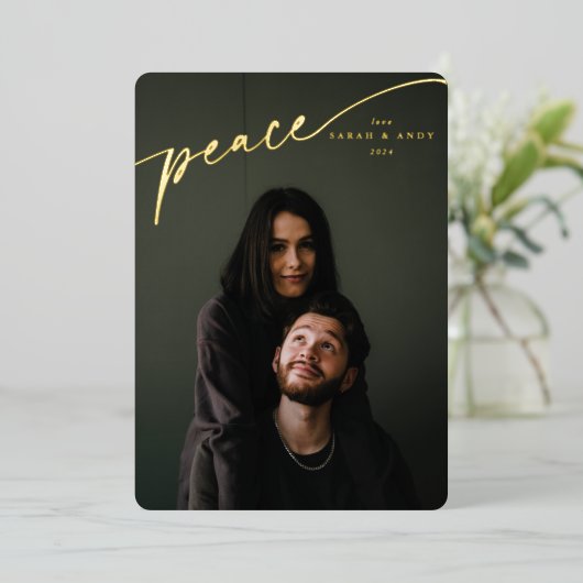 Elegant 'Peace'-typografisch script Folie Feestdagenkaart (Staand Voorkant)