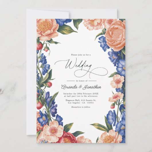 Elegant Peach and Blue Floral Wedding QR Code Kaart (Voorkant)