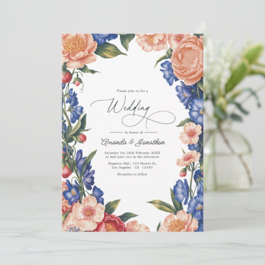 Elegant Peach and Blue Floral Wedding QR Code Kaart (Staand voorkant)