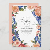 Elegant Peach and Blue Floral Wedding QR Code Kaart (Voorkant / Achterkant)