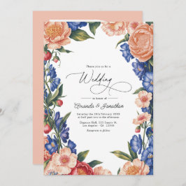 Elegant Peach and Blue Floral Wedding QR Code Kaart