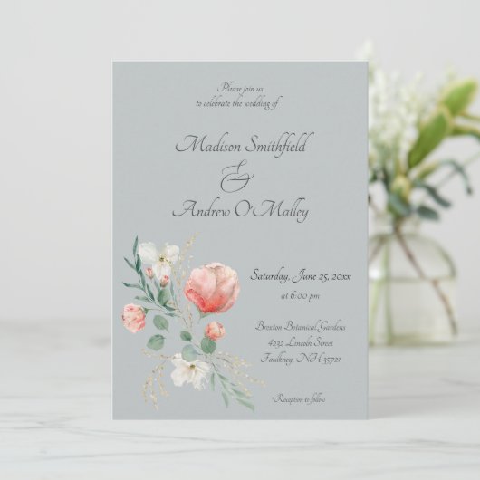 Elegant Peach and Green Watercolor Floral Wedding  Kaart (Staand voorkant)
