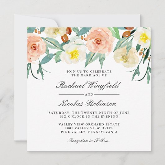 Elegant Peach and White Waterverf Floral Wedding Kaart (Voorkant)