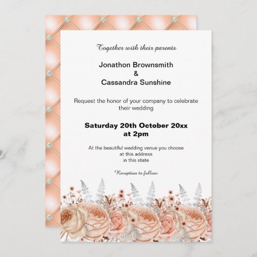 ELEGANT PEACH APRICOT FLORAL DIAMOND WEDING KAART (Voorkant / Achterkant)