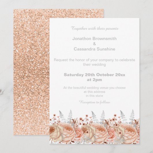 ELEGANT PEACH APRICOT FLORAL GLITTER WEDING KAART (Voorkant / Achterkant)