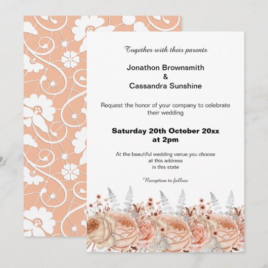 ELEGANT PEACH APRICOT LACE FLORAL DIAMOND WEDING KAART (Voorkant / Achterkant)