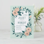 Elegant Peach Blauwgroen Floral Leaf Framed Weddin Kaart (Staand voorkant)