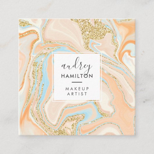 Elegant peach blue marble chic gold glitter make-u vierkante visitekaartje (Voorkant)