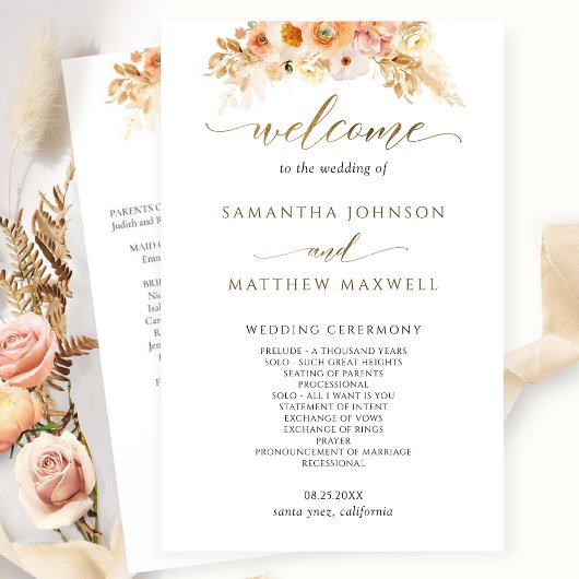 Elegant Peach Blush Delight Floral Wedding Program