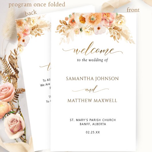Elegant Peach Blush Floral Folded Wedding Programm