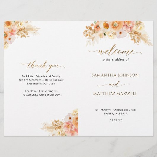 Elegant Peach Blush Floral Folded Wedding Programm (Voorkant)