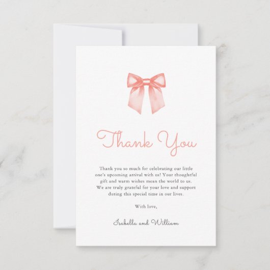Elegant Peach Bow Baby shower Bedankkaart (Voorkant)