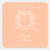 Elegant Peach  Crest Monogram Bedankt Vierkante Sticker (Voorkant)