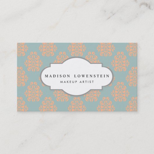  Elegant Peach Damask Patroon Blauwgroen Blauw Visitekaartje (Voorkant)
