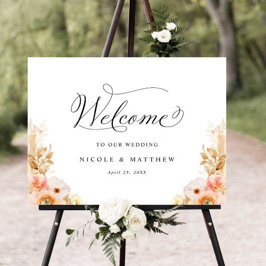 Elegant Peach Delight Floral Wedding Welcome Sign Poster