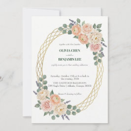 Elegant Peach Floral & Gold Lattice Oval Wedding Kaart