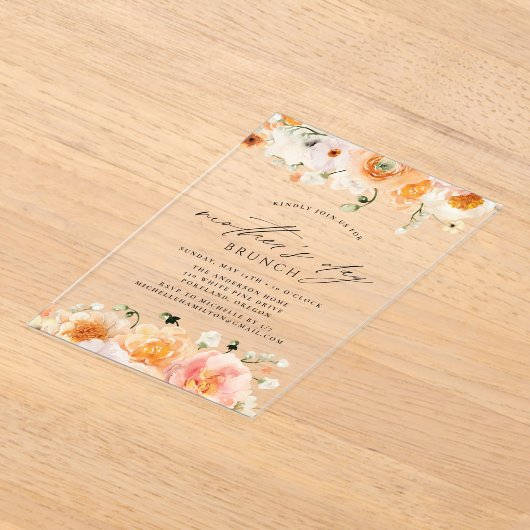 Elegant Peach Floral Moederdag Brunch Acryl Uitnodigingen (Laagn)