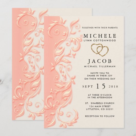 Elegant Peach Floral Swirl Wedding Kaart (Voorkant / Achterkant)