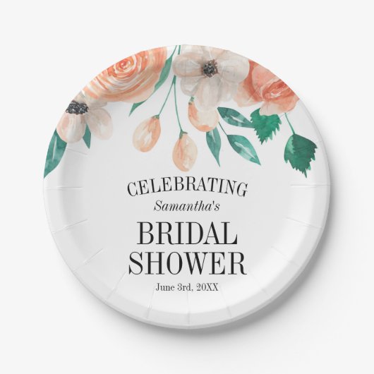 Elegant Peach Floral Vrijgezellenfeest Personalize Papieren Bordje (Voorkant)