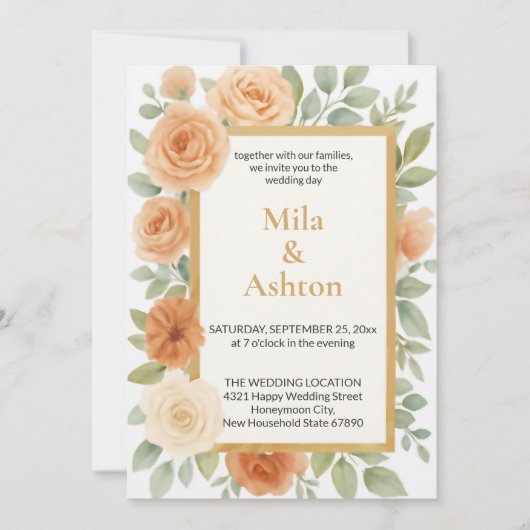 Elegant Peach Floral Wedding Invitation – Editable Kaart (Voorkant)