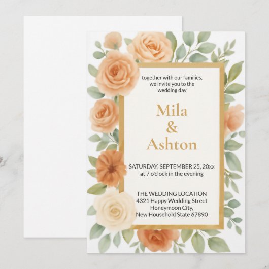 Elegant Peach Floral Wedding Invitation – Editable Kaart (Voorkant / Achterkant)