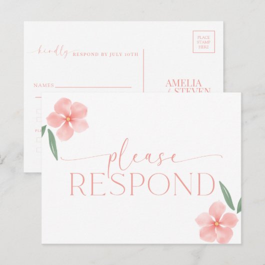 Elegant Peach Floral  Wedding RSVP  Briefkaart (Voorkant / Achterkant)