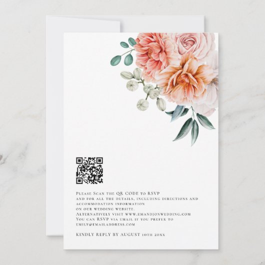 Elegant Peach Florals QR Code Weddenschap Kaart (Achterkant)