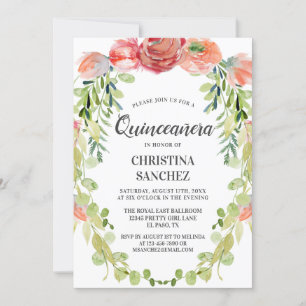 Elegant Peach Garden Floral Quinceañera Birthday Kaart