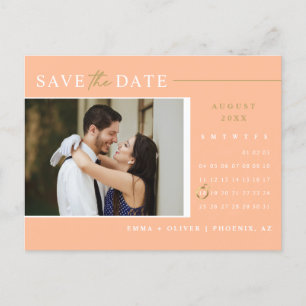 Elegant Peach Gold Bewaar de datum Kalender QR Cod Briefkaart