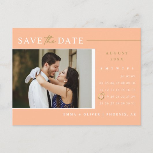 Elegant Peach Gold Bewaar de datum Kalender QR Cod Briefkaart (Voorkant)