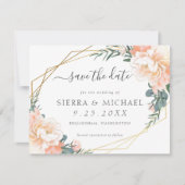 Elegant Peach Gold Floral Dusty Blue Save the Date Aankondiging (Voorkant)