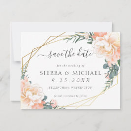 Elegant Peach Gold Floral Dusty Blue Save the Date Aankondiging