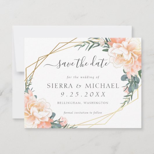 Elegant Peach Gold Floral Dusty Blue Save the Date Aankondiging (Voorkant)