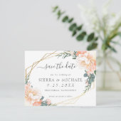 Elegant Peach Gold Floral Dusty Blue Save the Date Aankondiging (Staand voorkant)