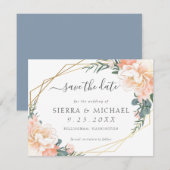 Elegant Peach Gold Floral Dusty Blue Save the Date Aankondiging (Voorkant / Achterkant)