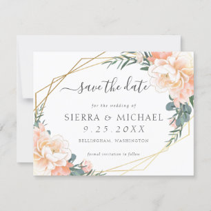 Elegant Peach Gold Floral Dusty Blue Save the Date Aankondiging