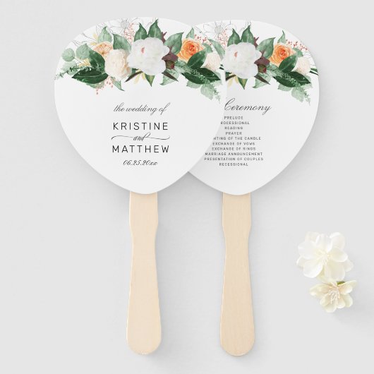 Elegant Peach herfst Floral Wedding Programme Hand Handwaaier (Voorkant en achterkant)