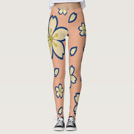 Elegant Peach Kimono – Traditional Japanese Floral Leggings (Voorkant)