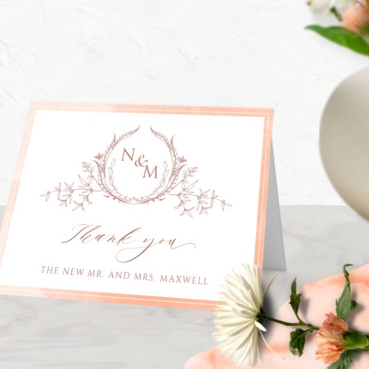 Elegant Peach Monogram, Waterverf Wedding Bedankkaart