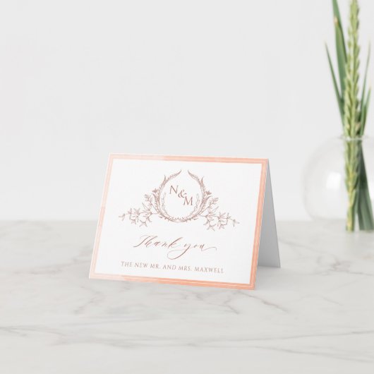 Elegant Peach Monogram, Waterverf Wedding Bedankkaart (Voorkant)