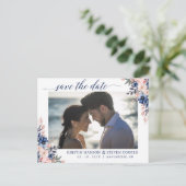 Elegant Peach Navy Blue Floral foto slaat de datum Briefkaart (Staand voorkant)