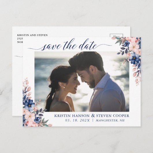 Elegant Peach Navy Blue Floral foto slaat de datum Briefkaart (Voorkant / Achterkant)