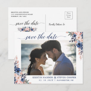 Elegant Peach Navy Blue Floral foto slaat de datum Briefkaart