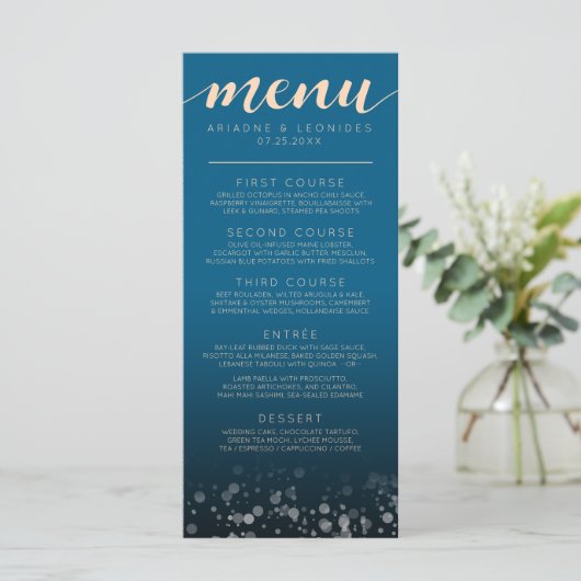 Elegant Peach Oceanic Blue Weddenmenu Menu (Staand voorkant)
