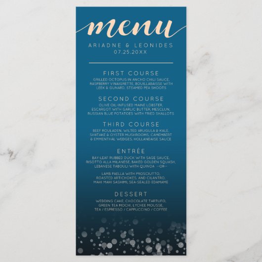 Elegant Peach Oceanic Blue Weddenmenu Menu (Voorkant)