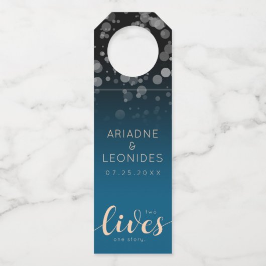 Elegant Peach Oceanic Blue Wedding 2 Lives 1 verha Flessenhanger (Voorkant)