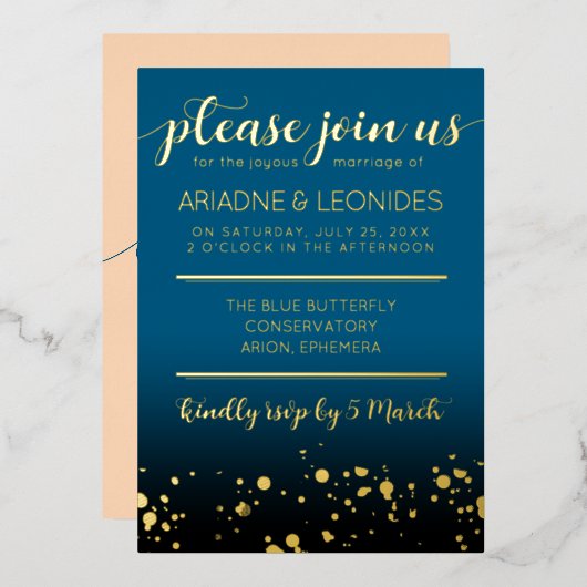 Elegant Peach Oceanic Blue Wedding a New Chapter Folie Uitnodiging (Voorkant / Achterkant)