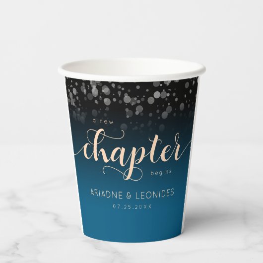 Elegant Peach Oceanic Blue Wedding a New Chapter Papieren Bekers (Achterkant)